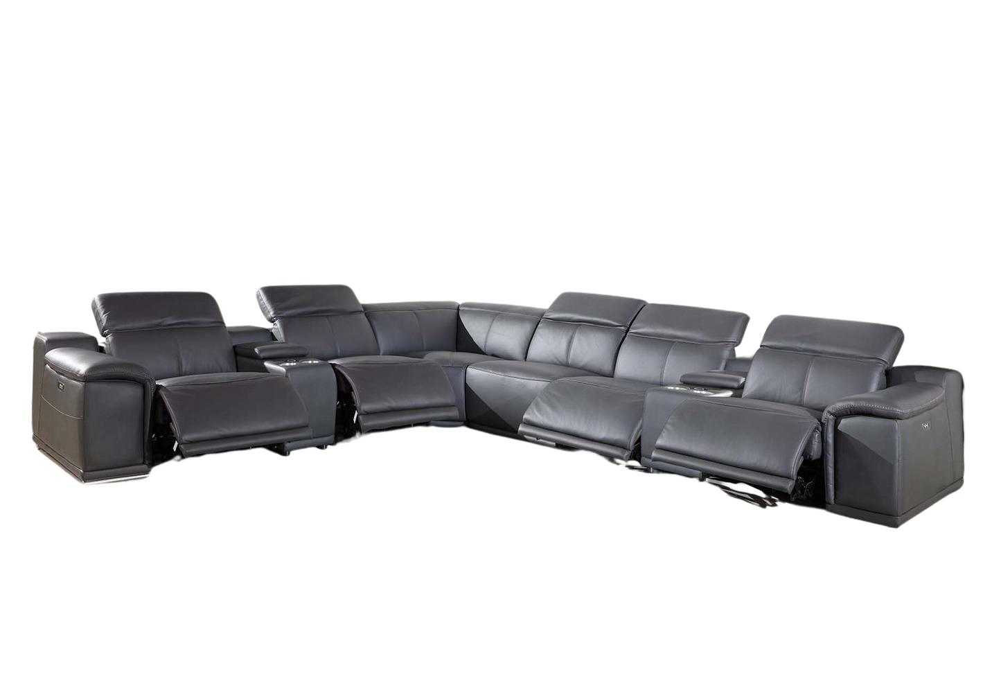 Gray Italian Leather Power Reclining U Shaped Eight Piece Corner Sectional With Console-4