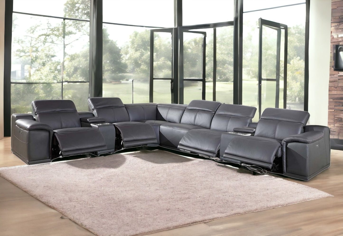 Gray Italian Leather Power Reclining U Shaped Eight Piece Corner Sectional With Console-1