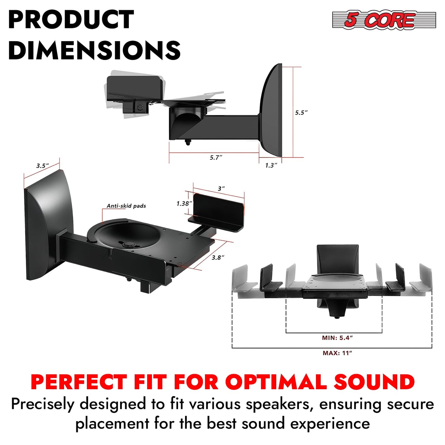 5Core Speaker Wall Mount Adjustable Swivel 11 Inch Space Bookshelf Brackets Pair-3