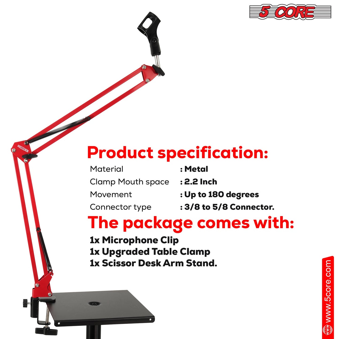 5Core Microphone Boom Arm Desk Mic Stand Adjustable Clamp Suspension Boom Stands RED-3