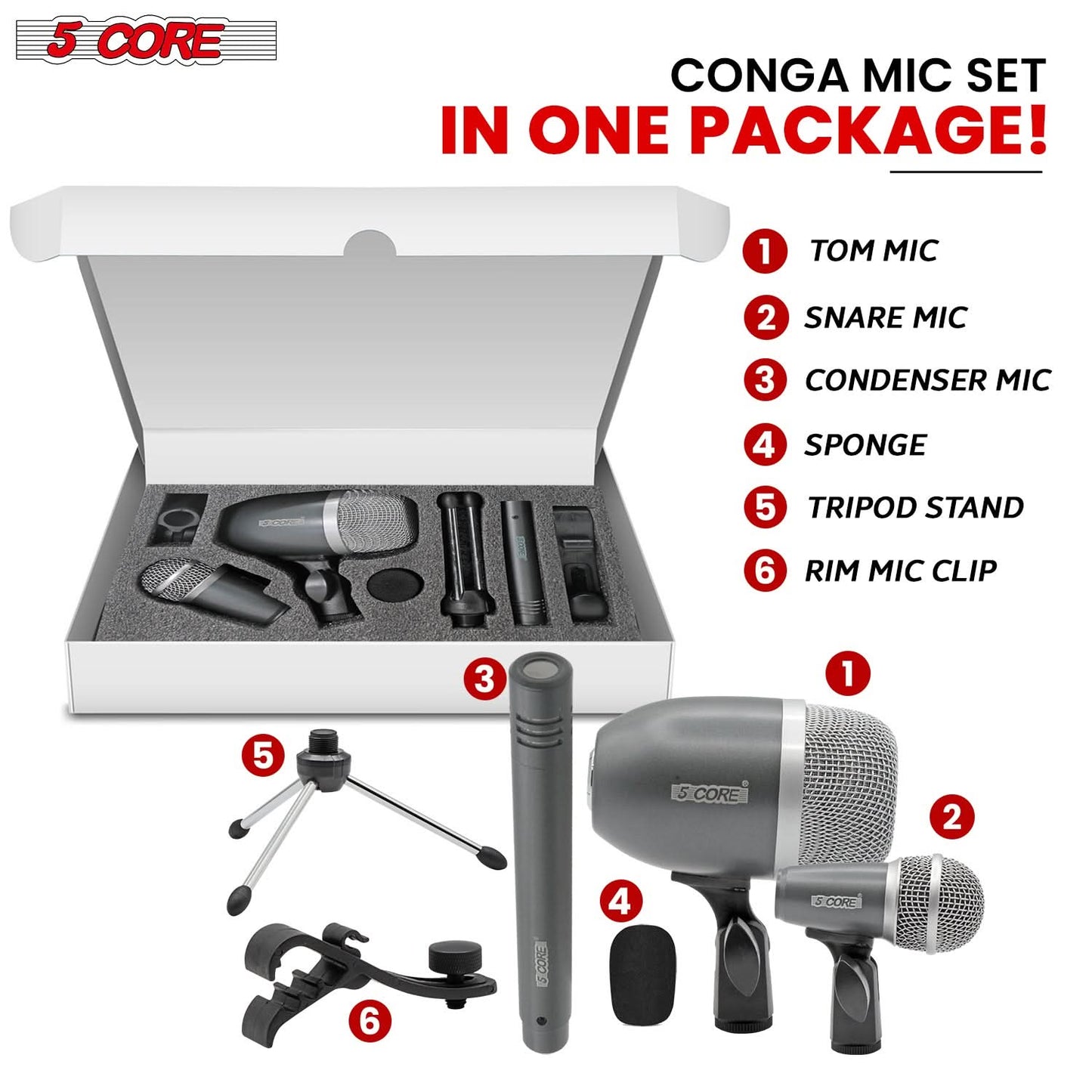 5Core Conga Mic Snare Tom Microphone Drum Kit Condenser XLR Instrument Mics GREY-3