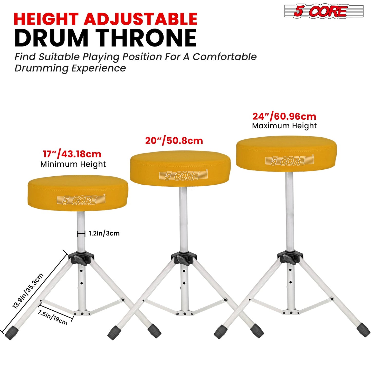 5 Core Drum Throne 3" Thick Padded Comfortable Guitar Stool Drummer Chair Adjustable Musician Seat-3