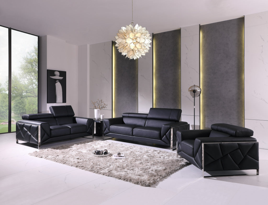 Three Piece Indoor Black Italian Leather Six Person Seating Set-5