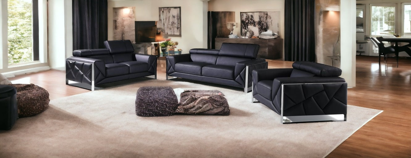 Three Piece Indoor Black Italian Leather Six Person Seating Set-1