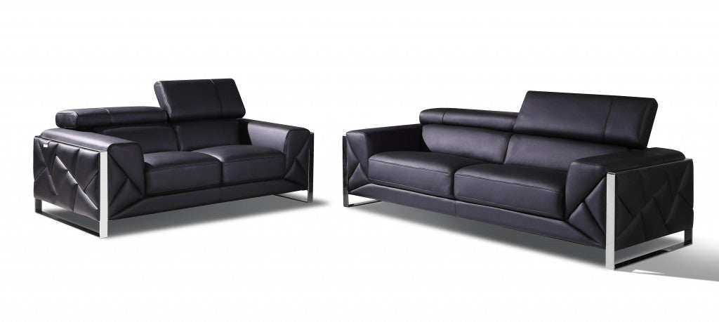 Two Piece Indoor Black Italian Leather Five Person Seating Set-0
