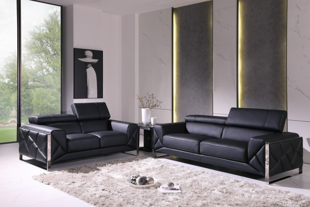 Two Piece Indoor Black Italian Leather Five Person Seating Set-5