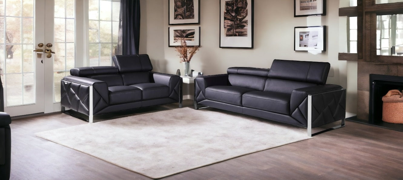 Two Piece Indoor Black Italian Leather Five Person Seating Set-1