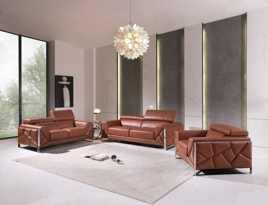 Three Piece Indoor Camel Italian Leather Six Person Seating Set-5