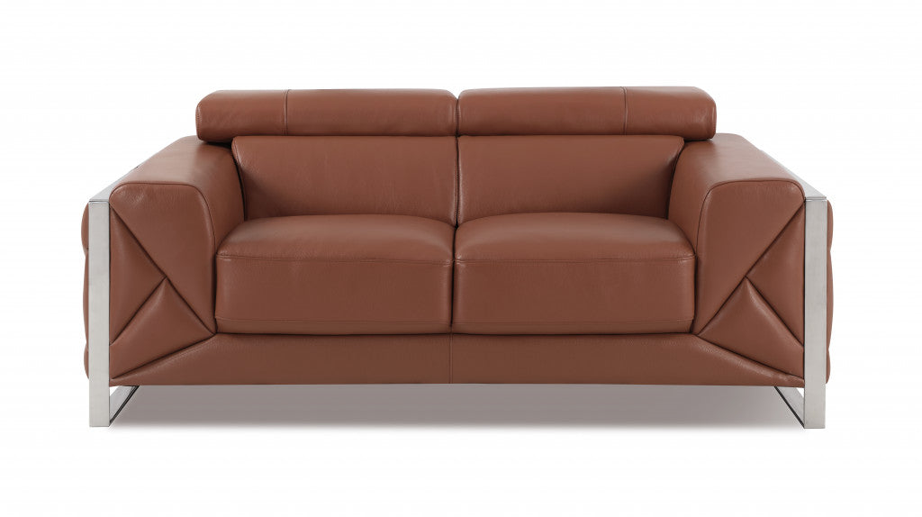 Three Piece Indoor Camel Italian Leather Six Person Seating Set-3
