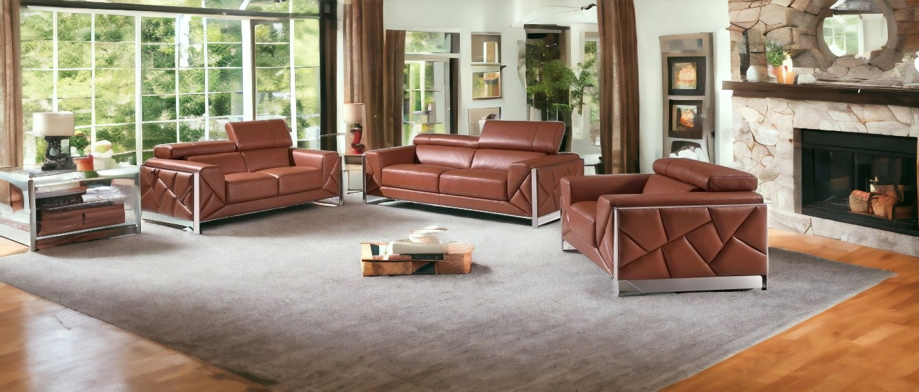 Three Piece Indoor Camel Italian Leather Six Person Seating Set-1