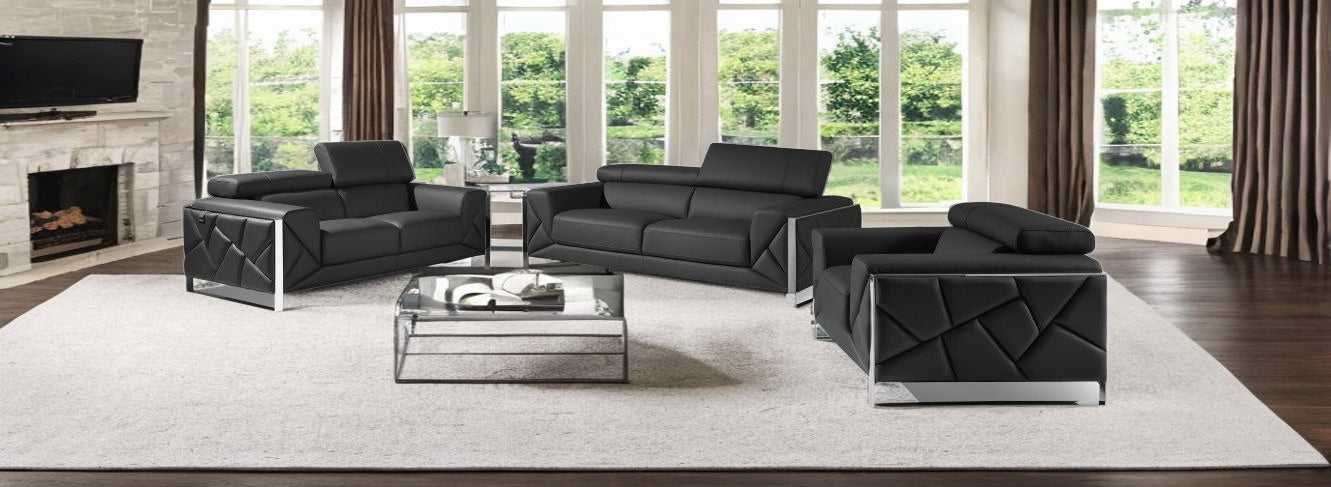 Three Piece Indoor Dark Gray Italian Leather Six Person Seating Set-1
