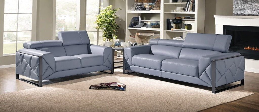 Two Piece Indoor Light Blue Italian Leather Five Person Seating Set-1