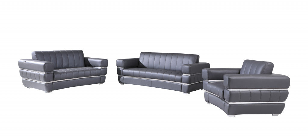 Three Piece Indoor Dark Gray Italian Leather Six Person Seating Set-0