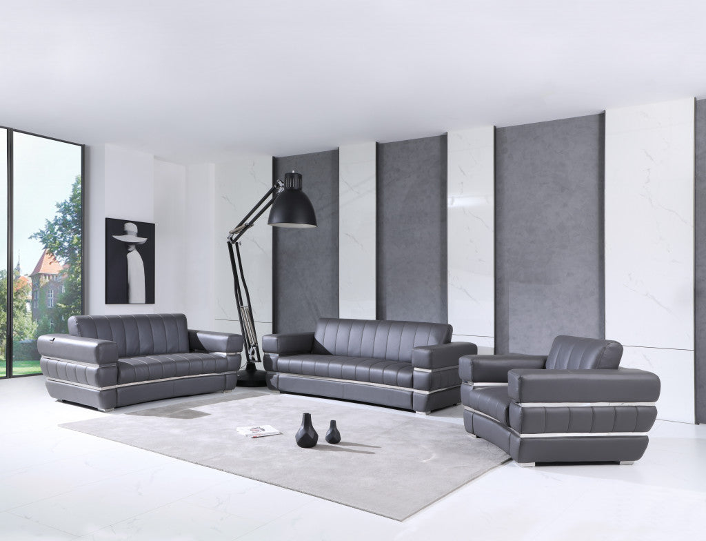 Three Piece Indoor Dark Gray Italian Leather Six Person Seating Set-5