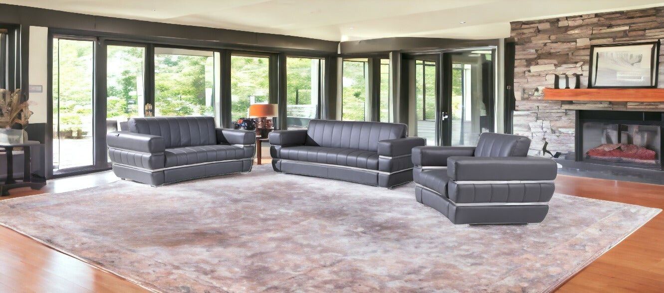 Three Piece Indoor Dark Gray Italian Leather Six Person Seating Set-1