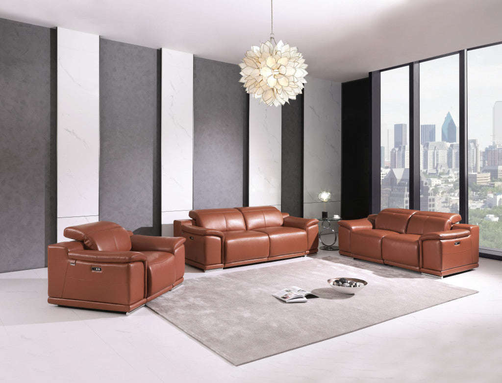 Three Piece Indoor Camel Italian Leather Six Person Seating Set-7