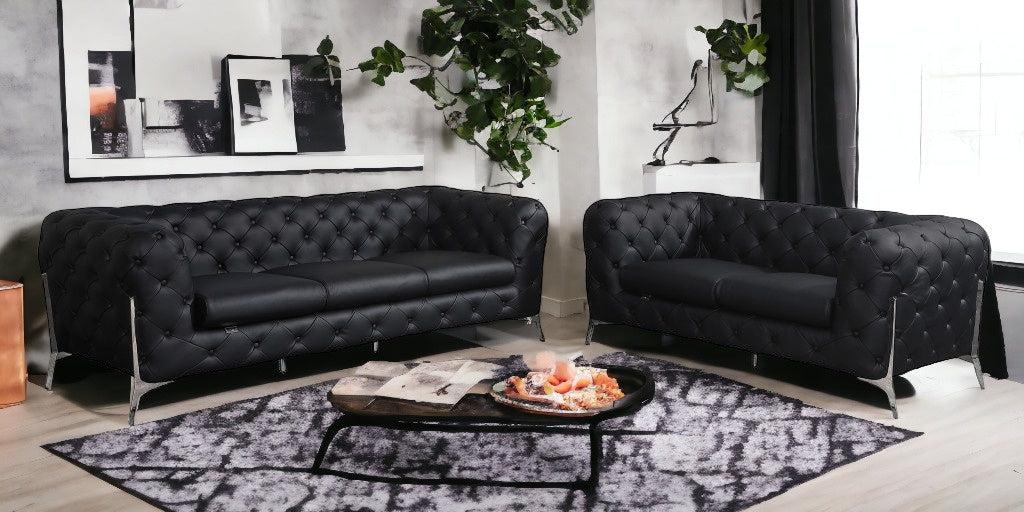 Two Piece Indoor Black Italian Leather Five Person Seating Set-1