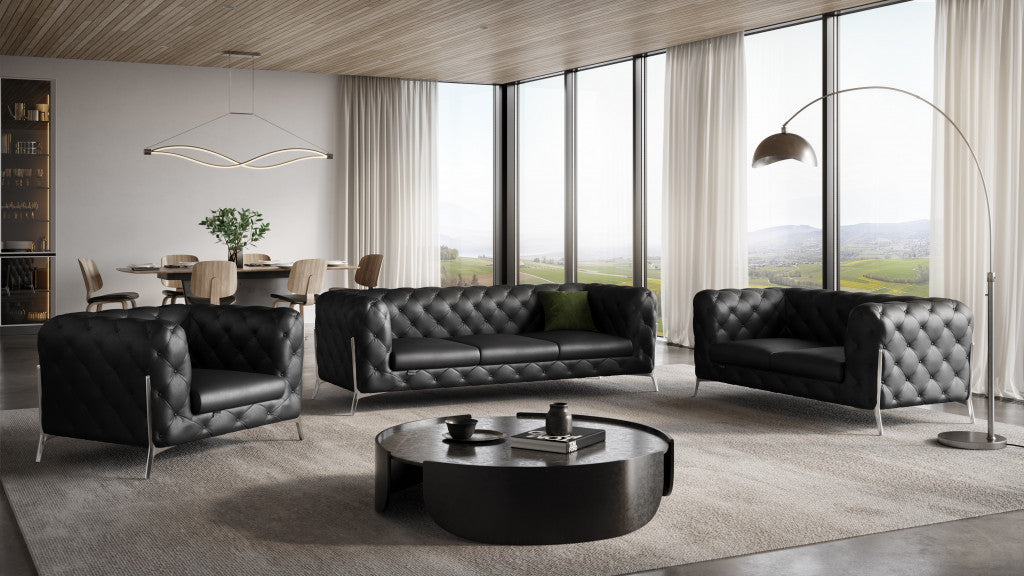 Three Piece Indoor Black Italian Leather Six Person Seating Set-5