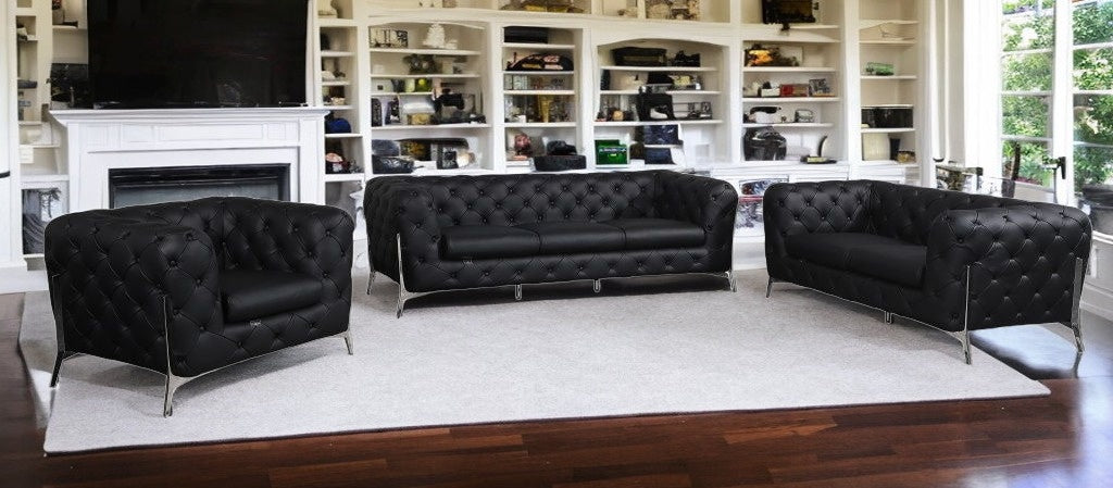 Three Piece Indoor Black Italian Leather Six Person Seating Set-1