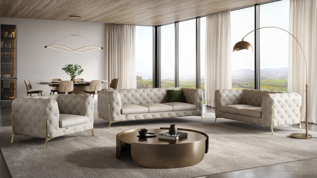 Three Piece Indoor Beige Italian Leather Six Person Seating Set-5