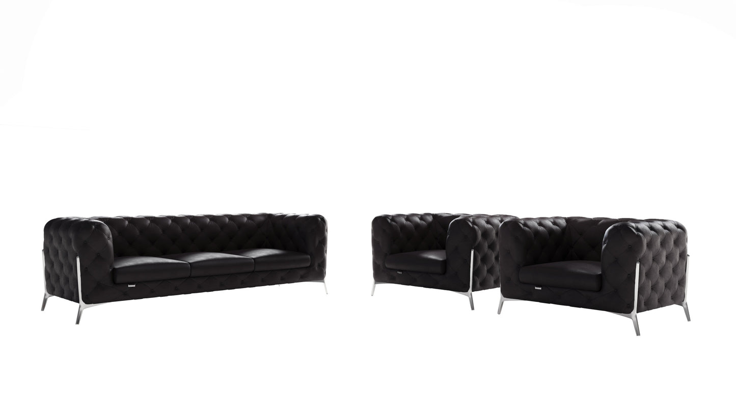 Three Piece Indoor Black Italian Leather Five Person Seating Set-0