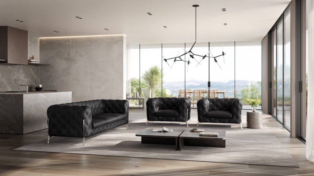 Three Piece Indoor Black Italian Leather Five Person Seating Set-5