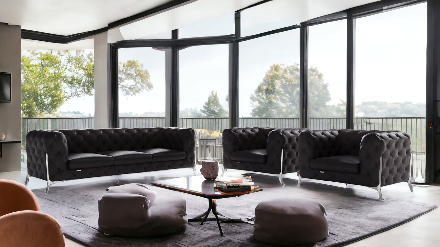Three Piece Indoor Black Italian Leather Five Person Seating Set-1