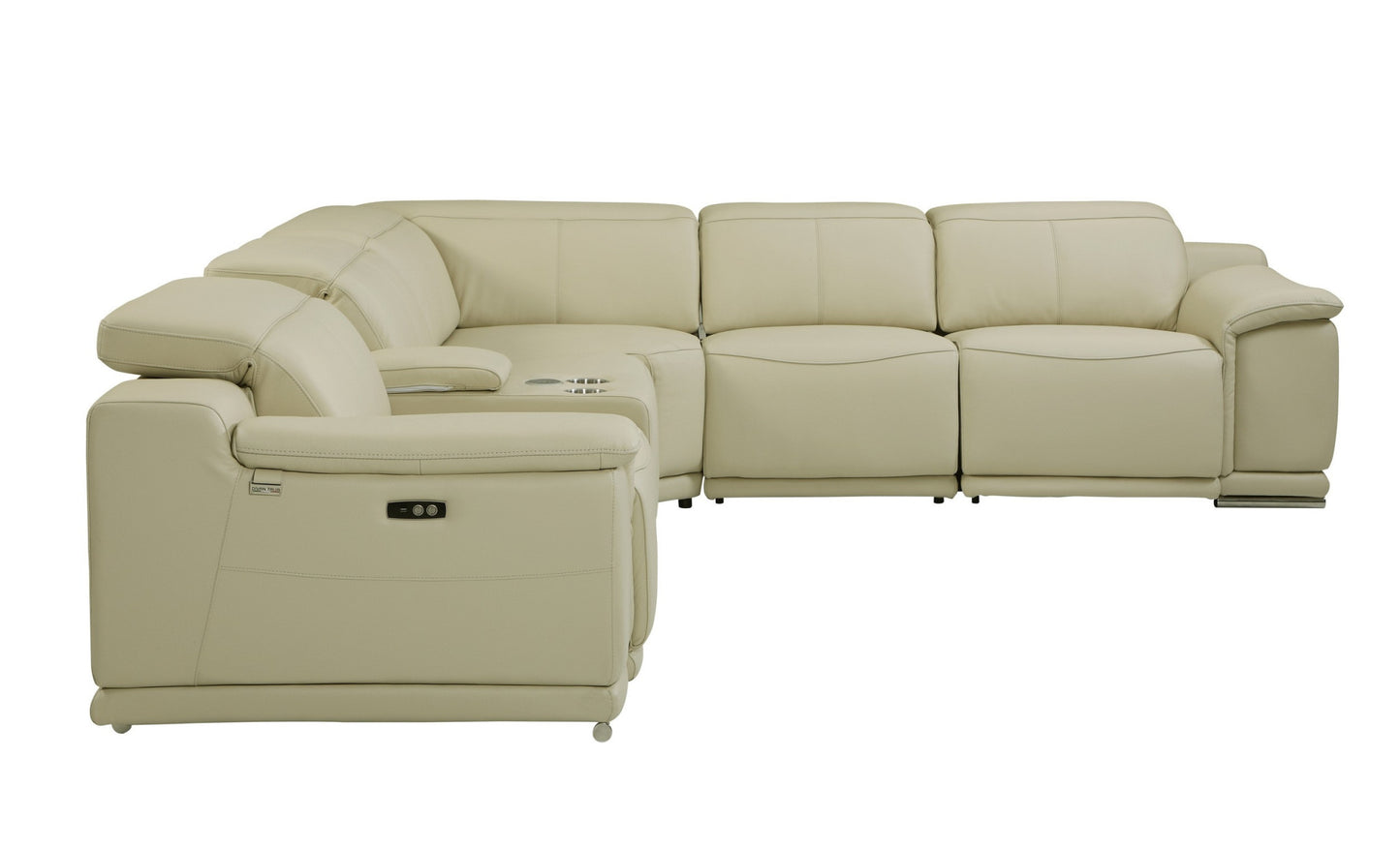 Beige Italian Leather Power Reclining U Shaped Six Piece Corner Sectional With Console-2