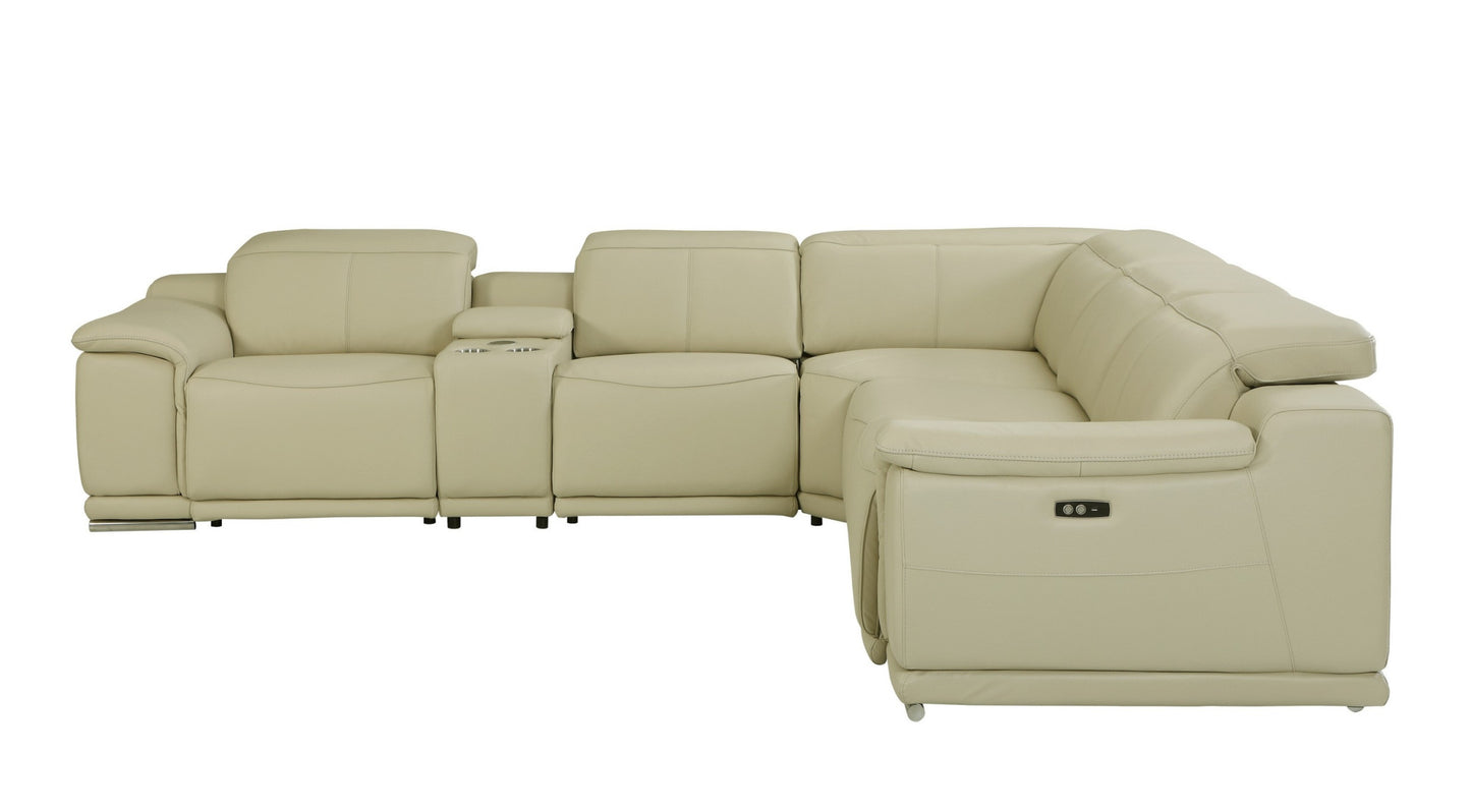 Beige Italian Leather Power Reclining U Shaped Six Piece Corner Sectional With Console-3