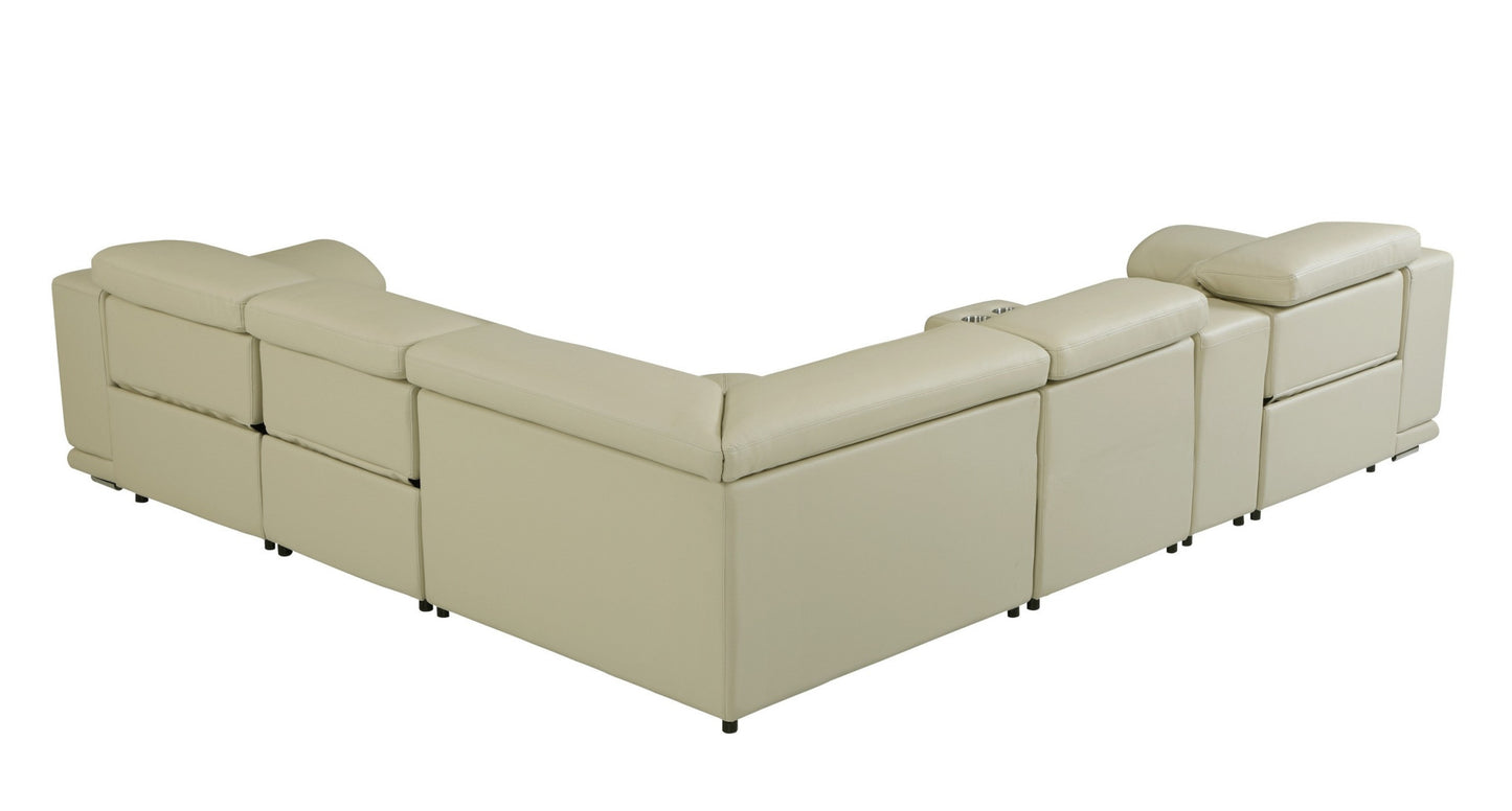Beige Italian Leather Power Reclining U Shaped Six Piece Corner Sectional With Console-4