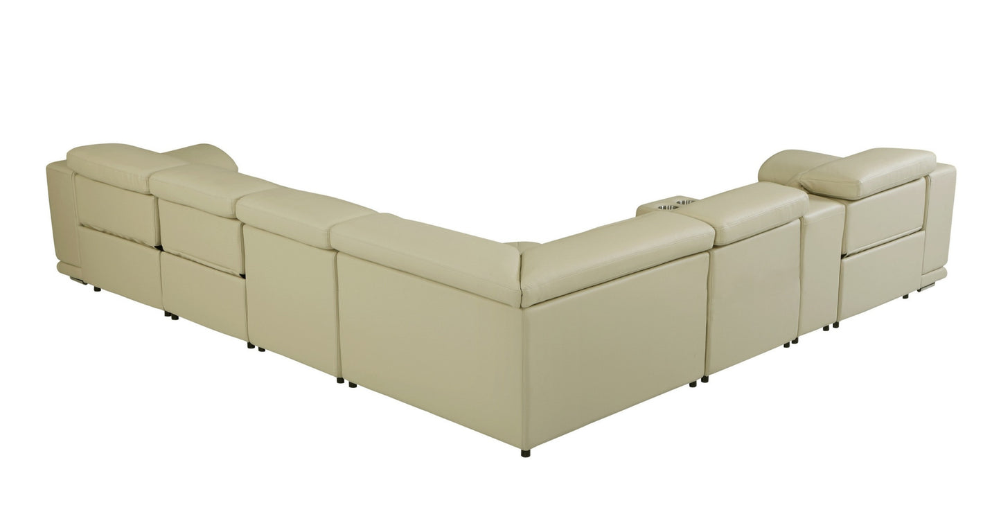 Beige Italian Leather Power Reclining U Shaped Seven Piece Corner Sectional With Console-5