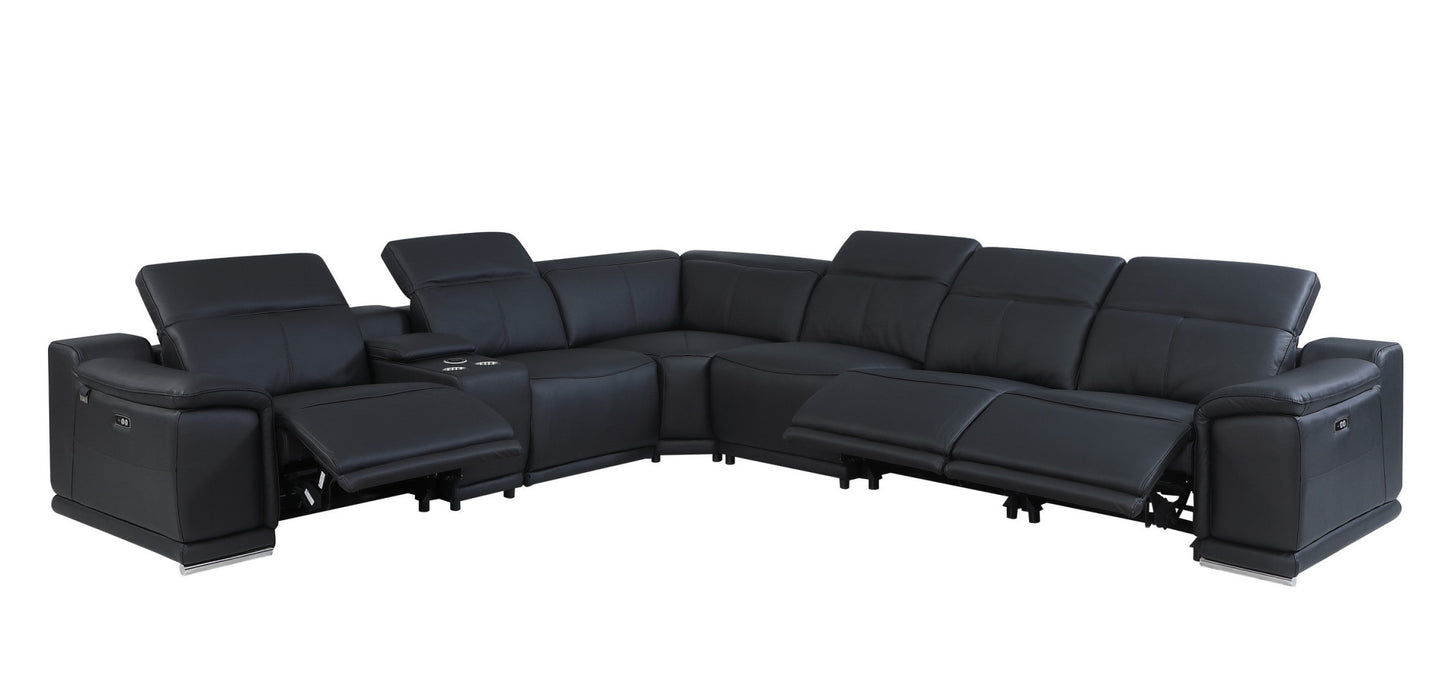 Black Italian Leather Power Reclining U Shaped Seven Piece Corner Sectional With Console-6