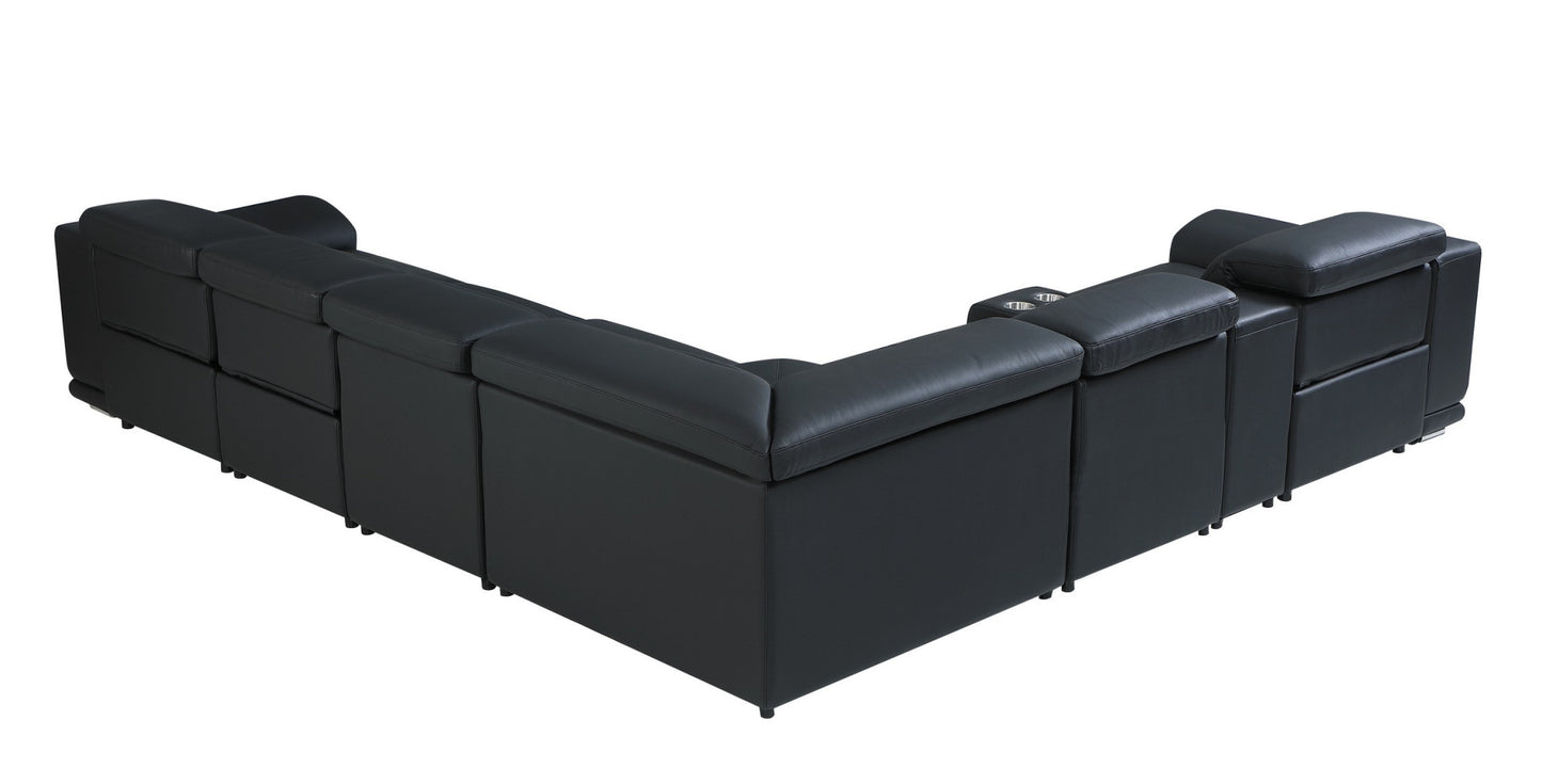 Black Italian Leather Power Reclining U Shaped Seven Piece Corner Sectional With Console-3