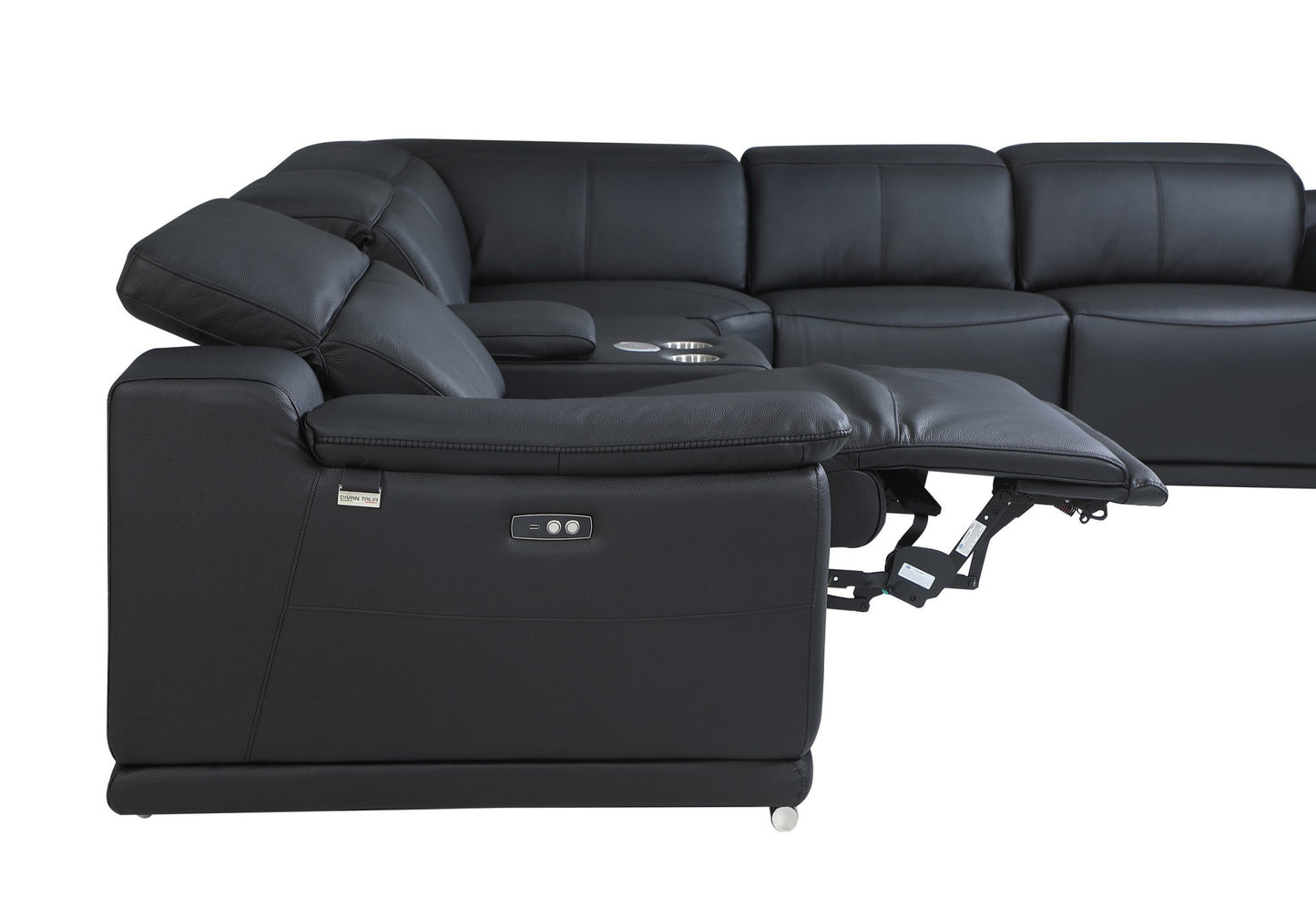 Black Italian Leather Power Reclining U Shaped Seven Piece Corner Sectional With Console-5