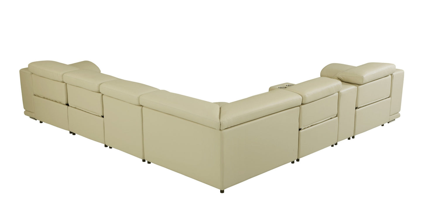Beige Italian Leather Power Reclining U Shaped Seven Piece Corner Sectional With Console-2