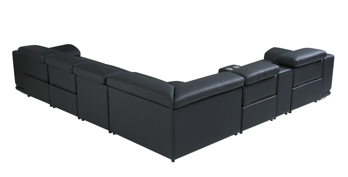 Black Italian Leather Power Reclining U Shaped Seven Piece Corner Sectional With Console-2