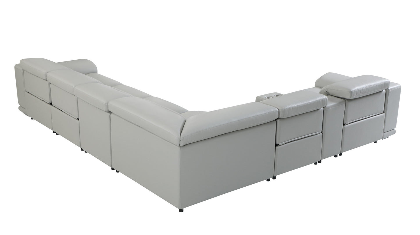 Light Gray Italian Leather Power Reclining U Shaped Seven Piece Corner Sectional With Console-5