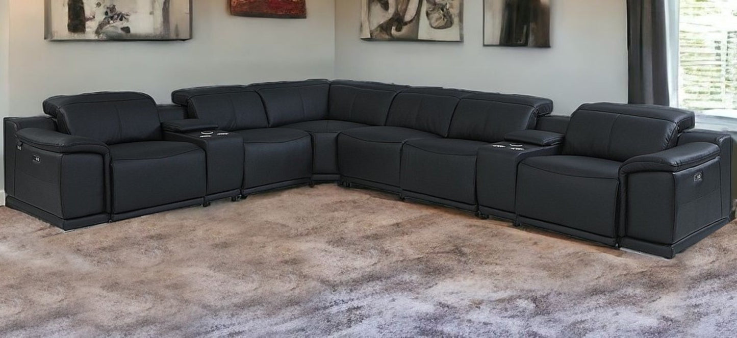 Black Italian Leather Power Reclining U Shaped Eight Piece Corner Sectional With Console-1