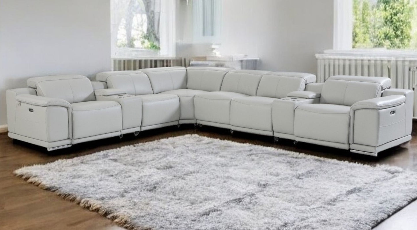 Light Gray Italian Leather Power Reclining U Shaped Eight Piece Corner Sectional With Console-1