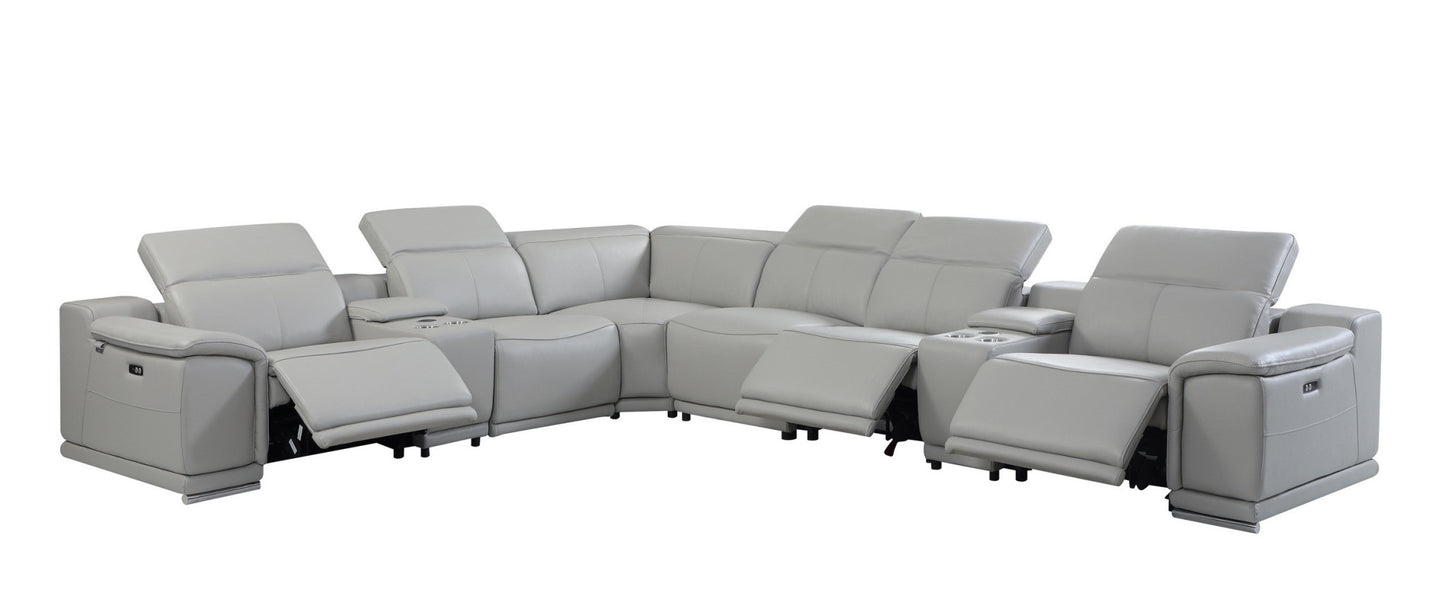 Light Gray Italian Leather Power Reclining U Shaped Eight Piece Corner Sectional With Console-5