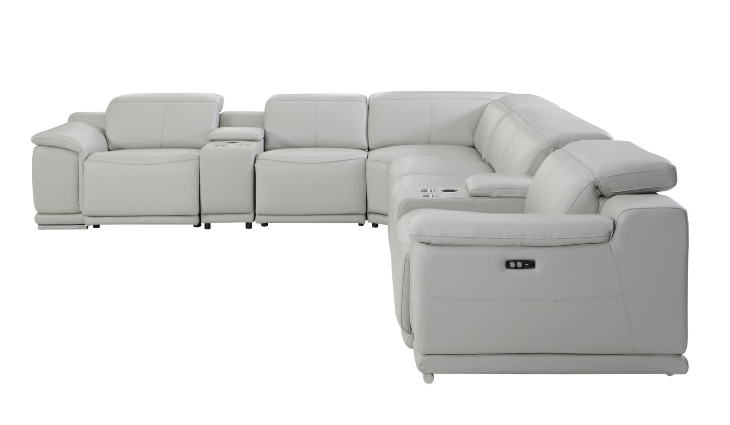 Light Gray Italian Leather Power Reclining U Shaped Eight Piece Corner Sectional With Console-2