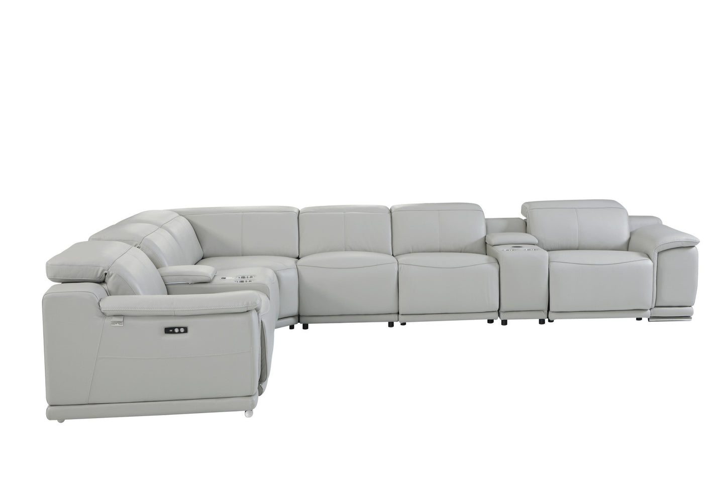 Light Gray Italian Leather Power Reclining U Shaped Eight Piece Corner Sectional With Console-3