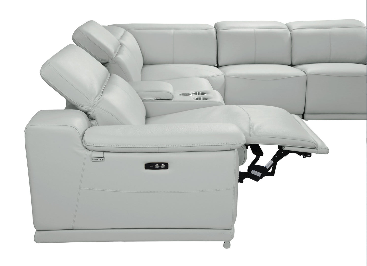 Light Gray Italian Leather Power Reclining U Shaped Eight Piece Corner Sectional With Console-7