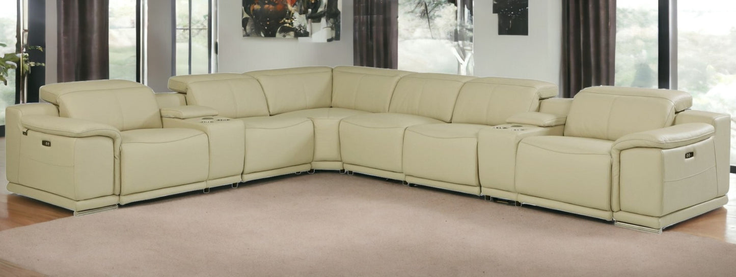 Beige Italian Leather Power Reclining U Shaped Eight Piece Corner Sectional With Console-1