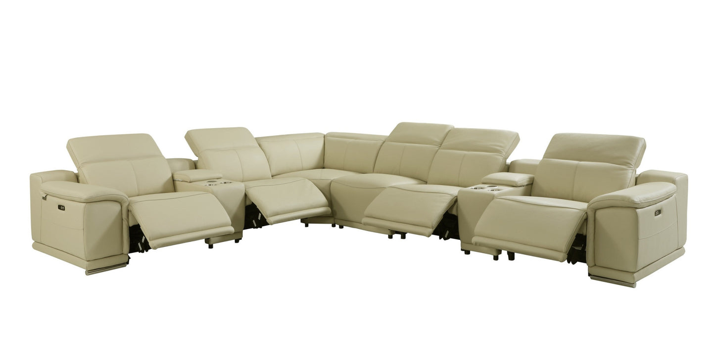Beige Italian Leather Power Reclining U Shaped Eight Piece Corner Sectional With Console-5