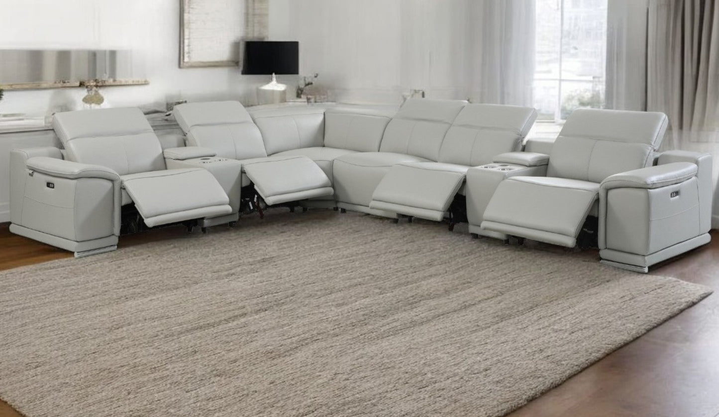 Light Gray Italian Leather Power Reclining U Shaped Eight Piece Corner Sectional With Console-1
