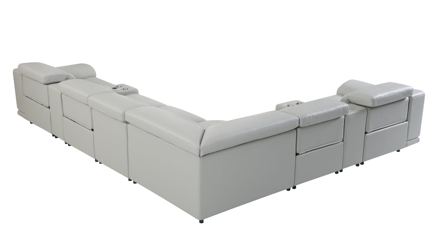 Light Gray Italian Leather Power Reclining U Shaped Eight Piece Corner Sectional With Console-3