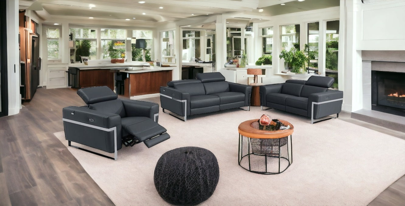Three Piece Indoor Dark Gray Italian Leather Six Person Seating Set-1