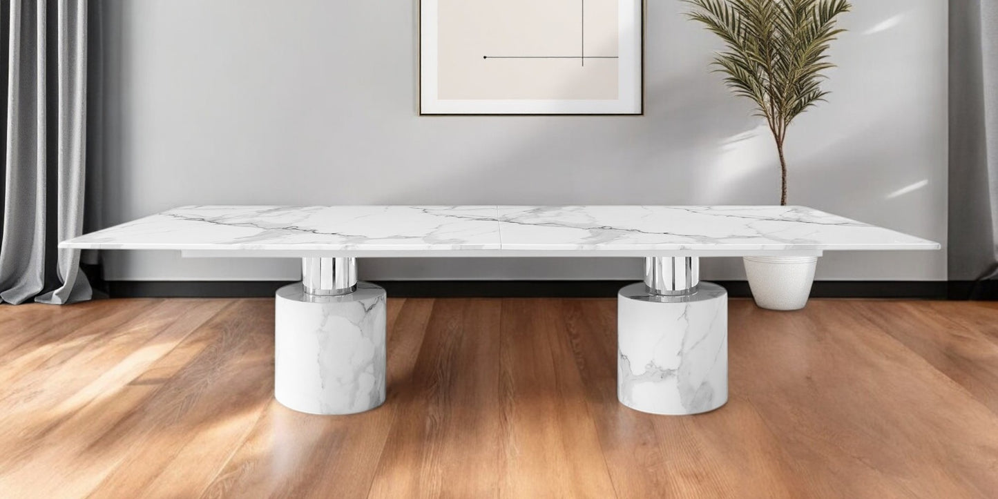 180" White Marble Double Pedestal Base Dining Table-0