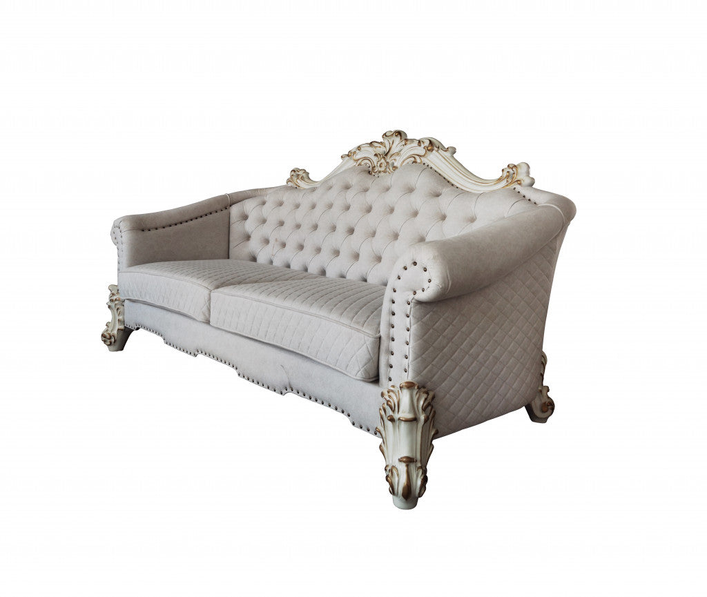 89" Ivory Velvet Sofa And Toss Pillows With Pearl Legs-1